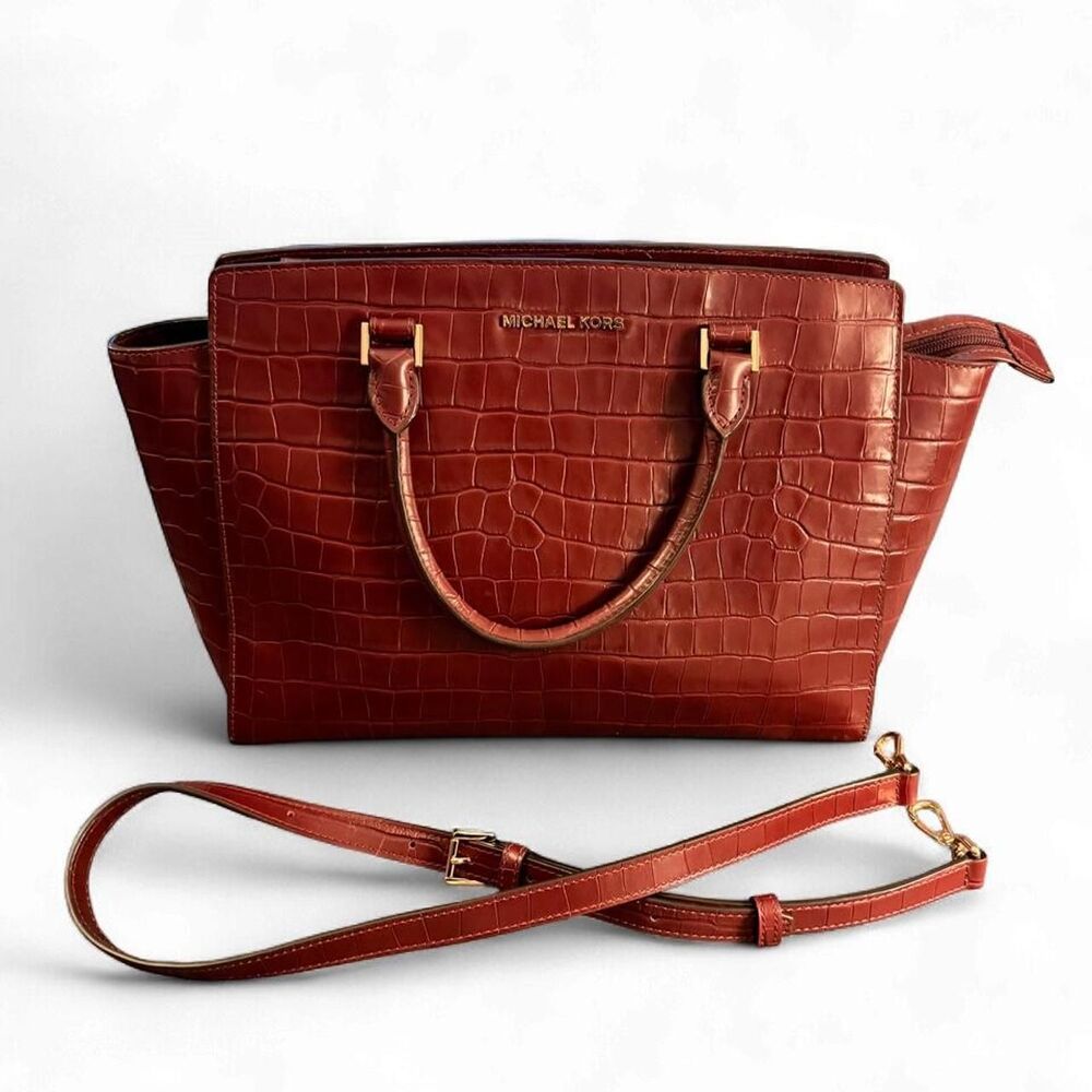 Michael Kors Selma Burgundy Croc Embossed Leather Satchel Shoulder Bag